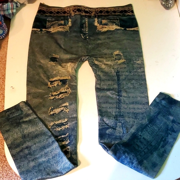 Distressed jean look, women's M leggings with light fleece linning - Picture 1 of 7